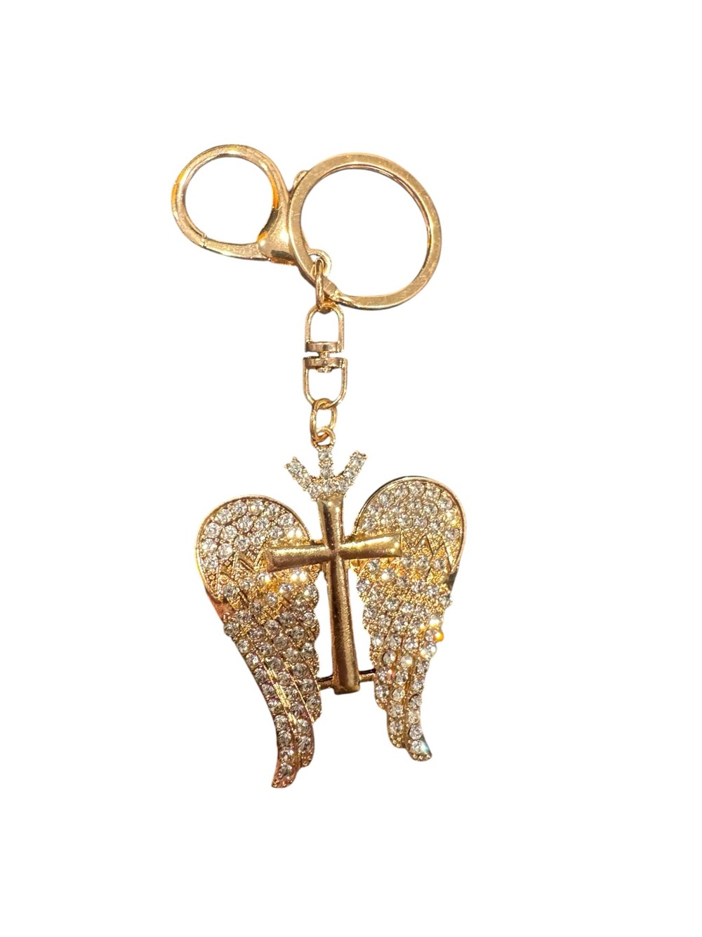 Gold Crystal Angel Wing Keychain with Cross Charm